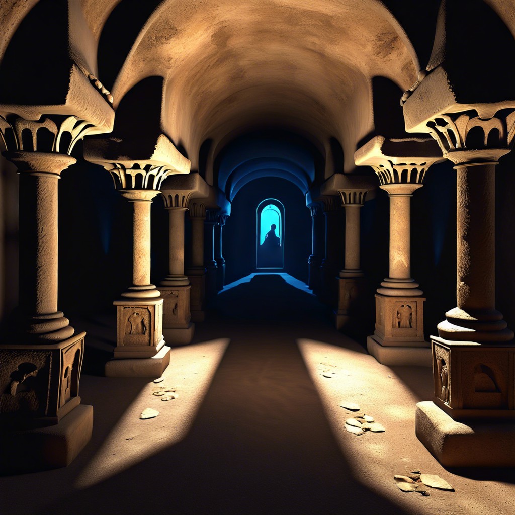 ancient catacombs with moving shadows