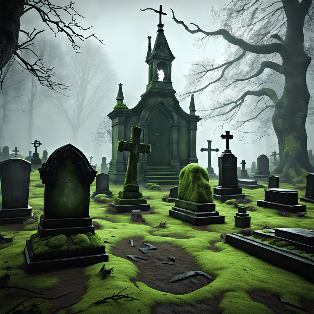 haunted graveyard with rising fog