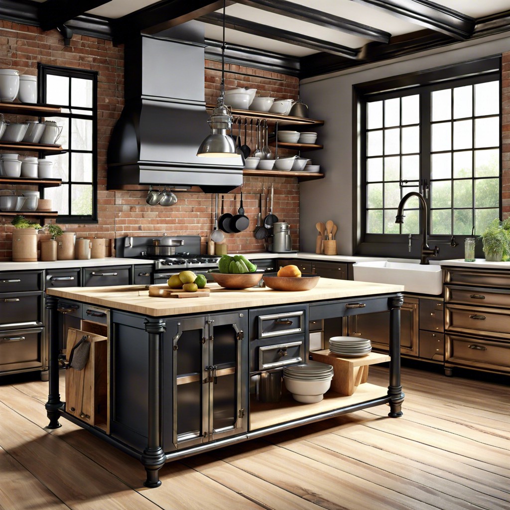 industrial kitchen with victorian cabinetry