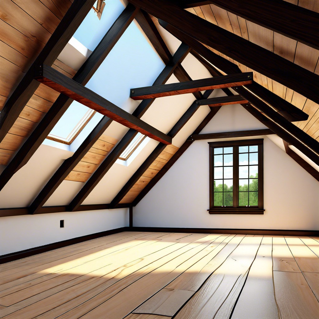 lofty attic spaces with exposed wooden beams