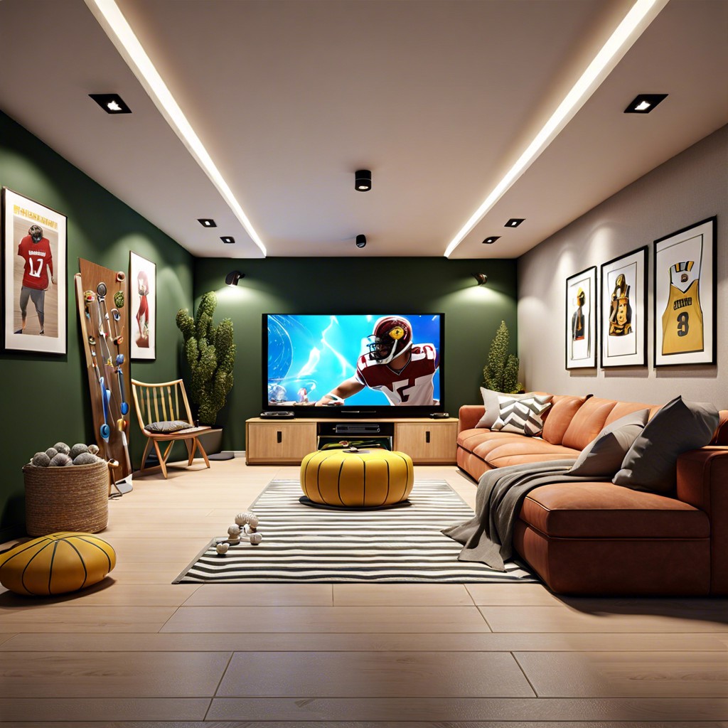 multipurpose basement with a cinema and game zones