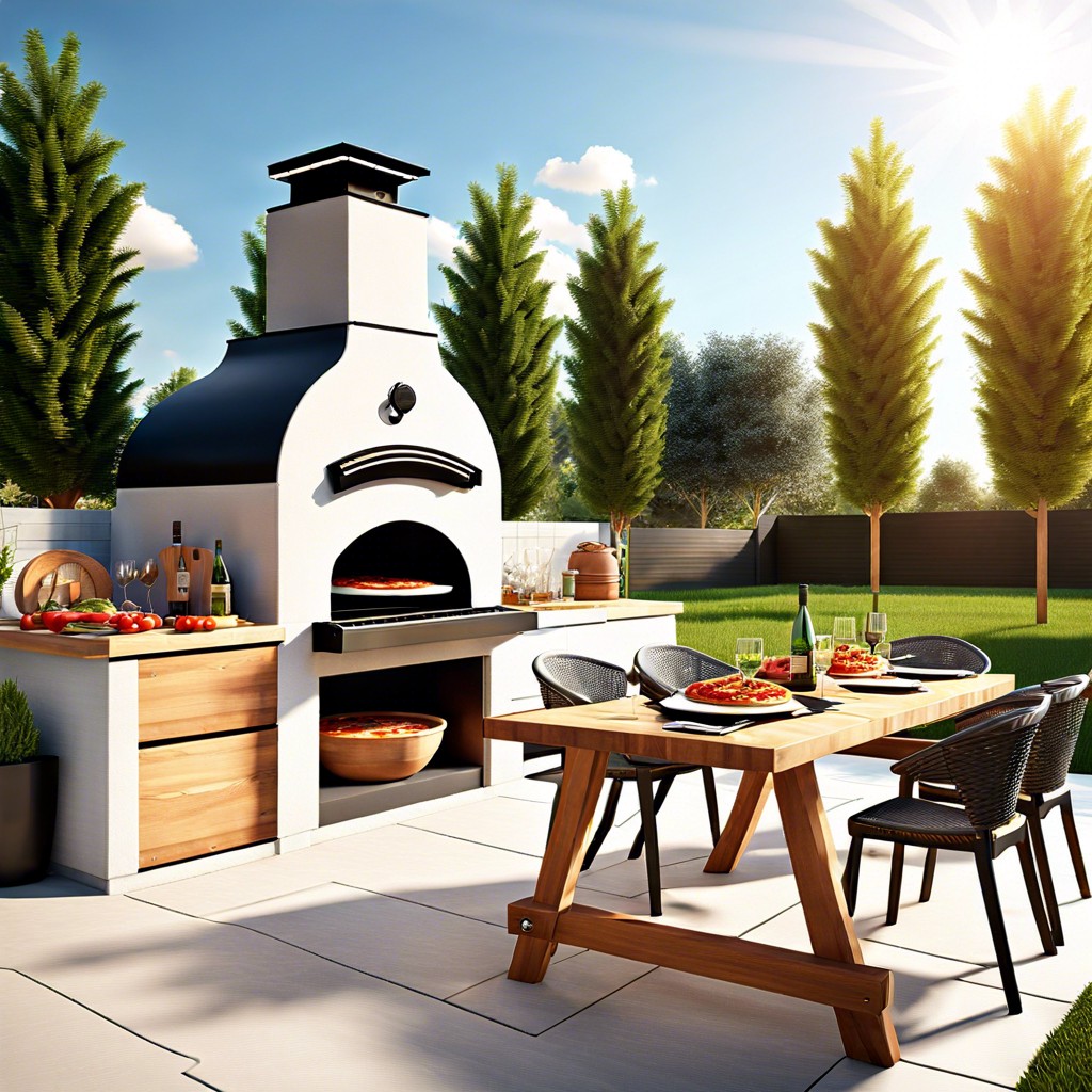 outdoor pizza oven and dining area