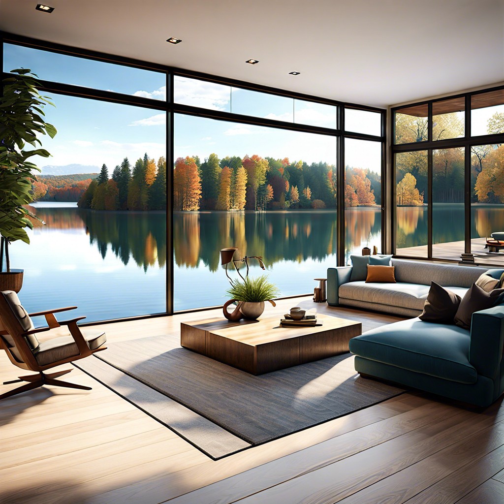 sunken living room with lake view