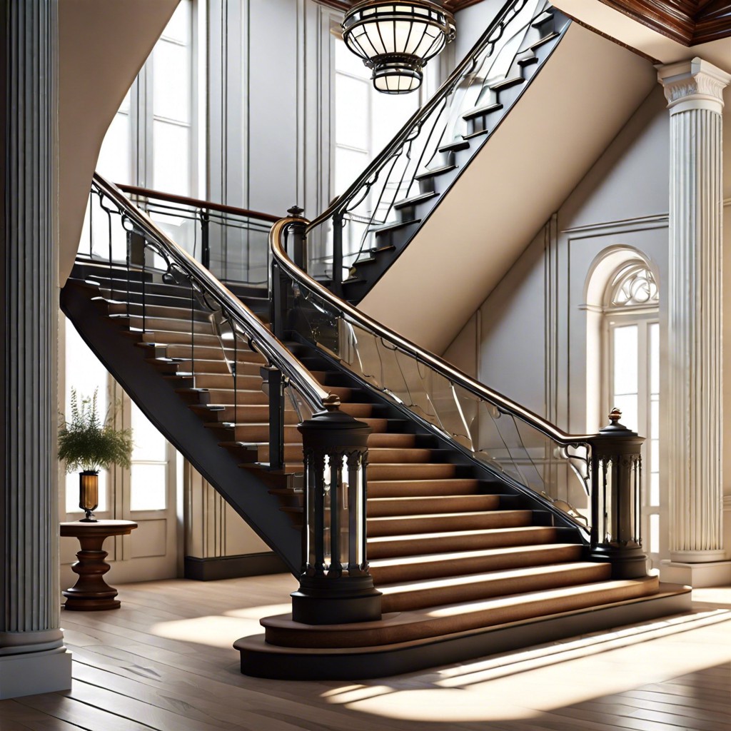 victorian inspired staircases with glass railings