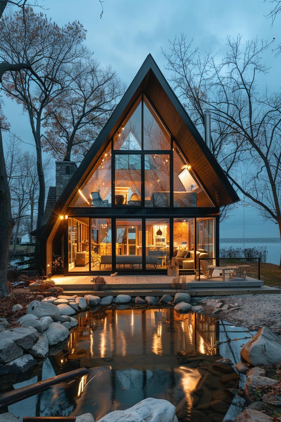 a frame lake house with pond