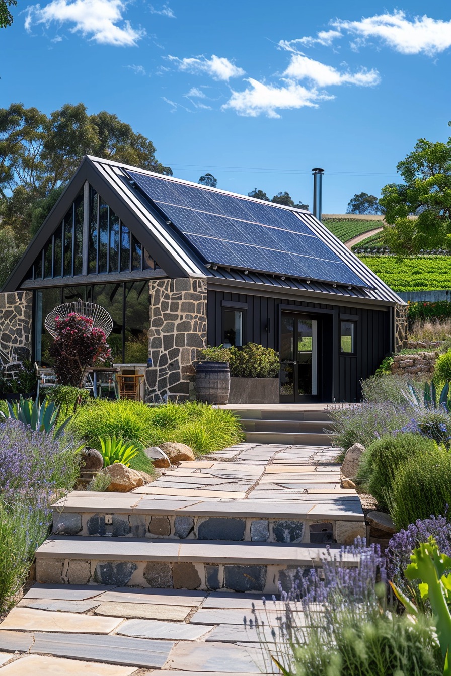 small barn house with solar panels