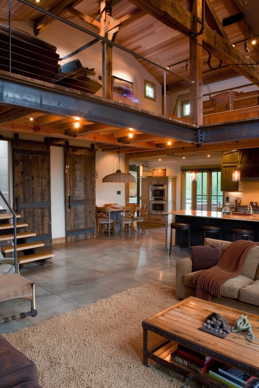 barn house loft interior with barn sliding door