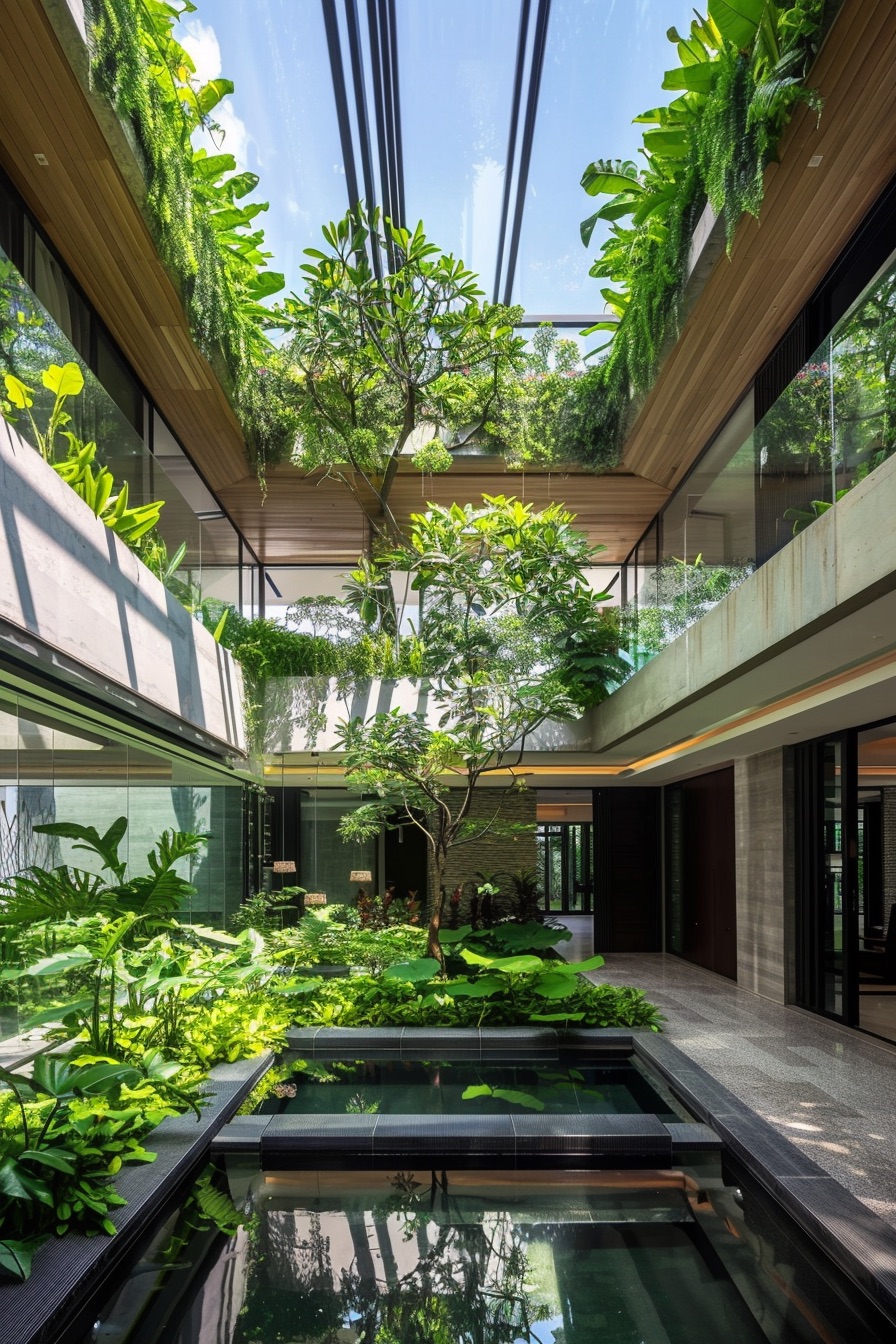 courtyard vertical gardens with pond