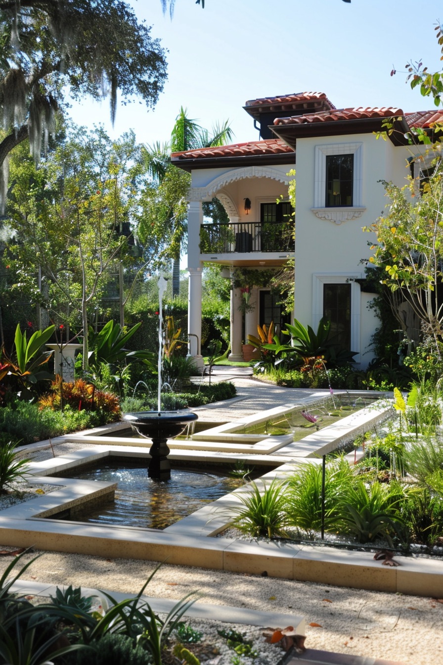 mediterranean house garden pond fountain