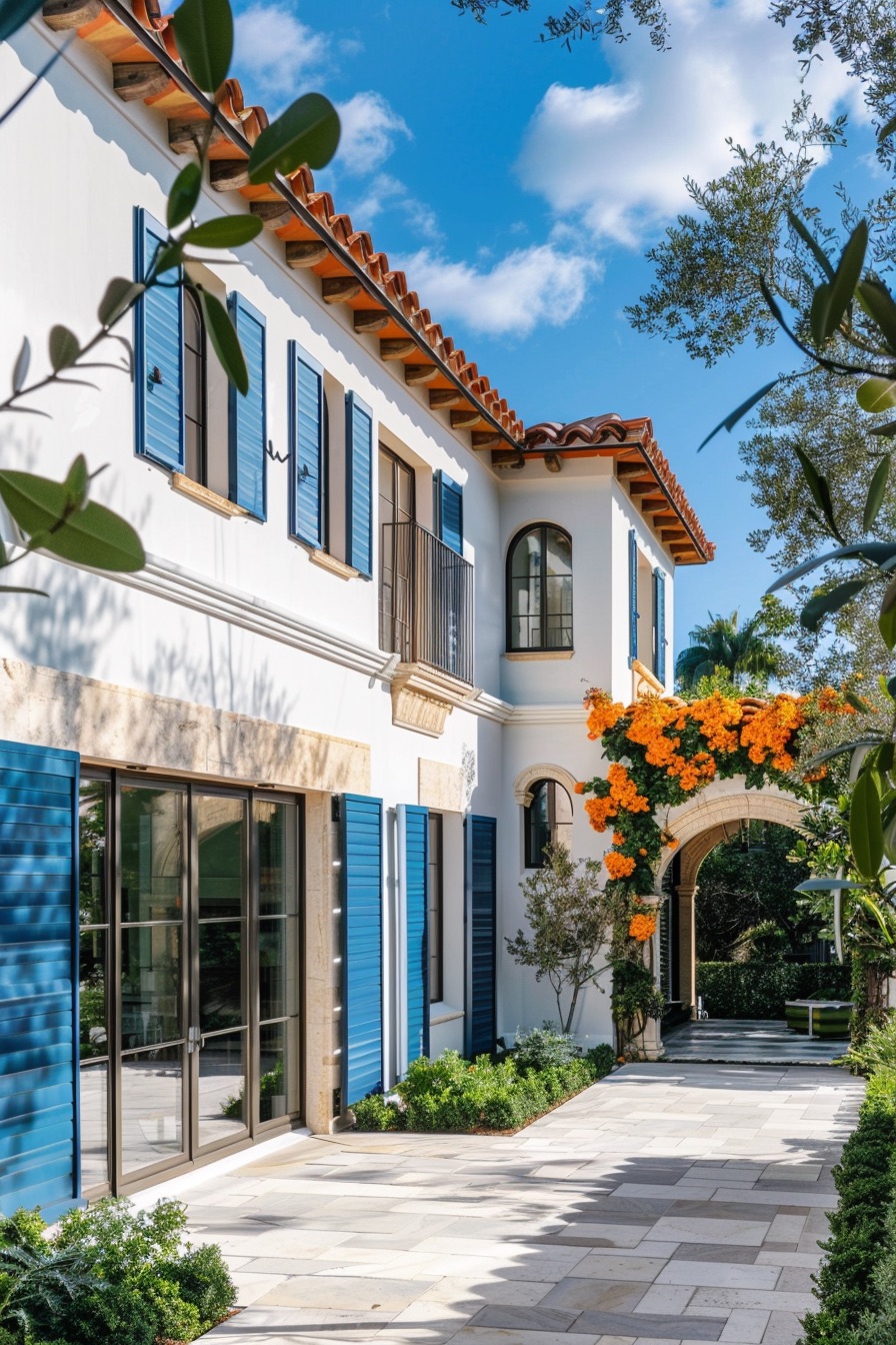 mediterranean house with blue shutters