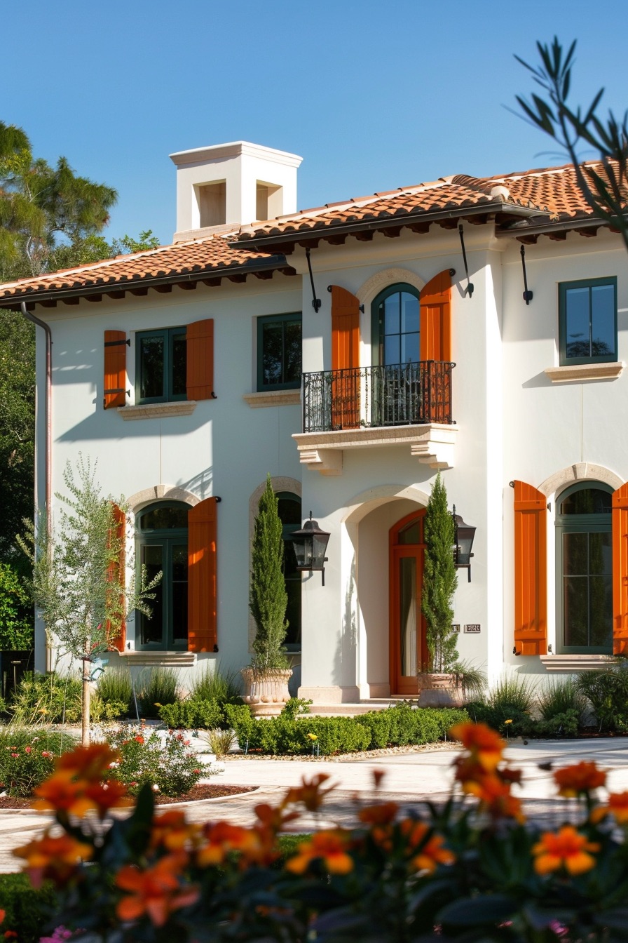 mediterranean house with orange shutters