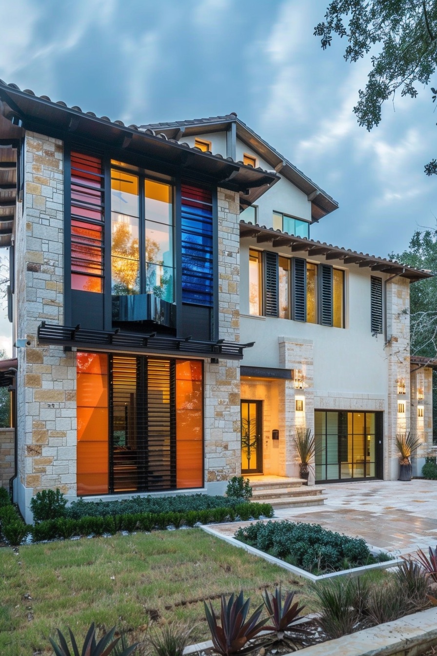 modern mediterranean house with shutters and stained glass