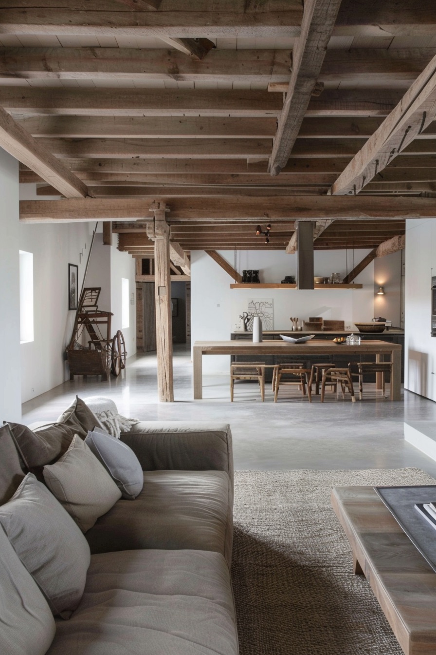 barn house interior rustic wooden beams