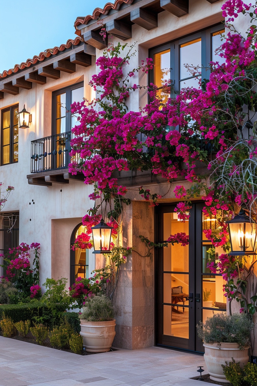 mediterranean house balcony with bougainvillea vines