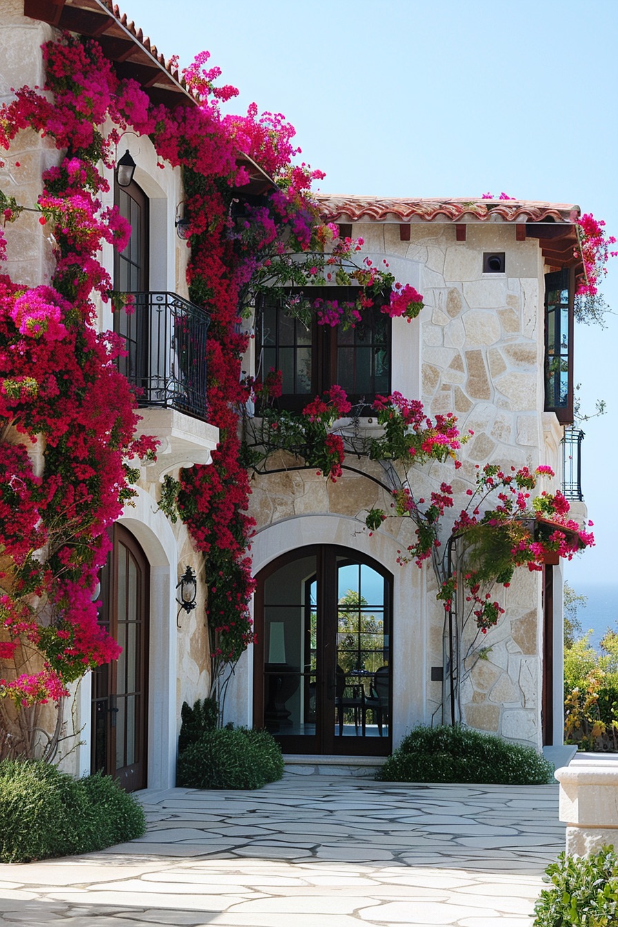 mediterranean house walls with bougainvillea vines