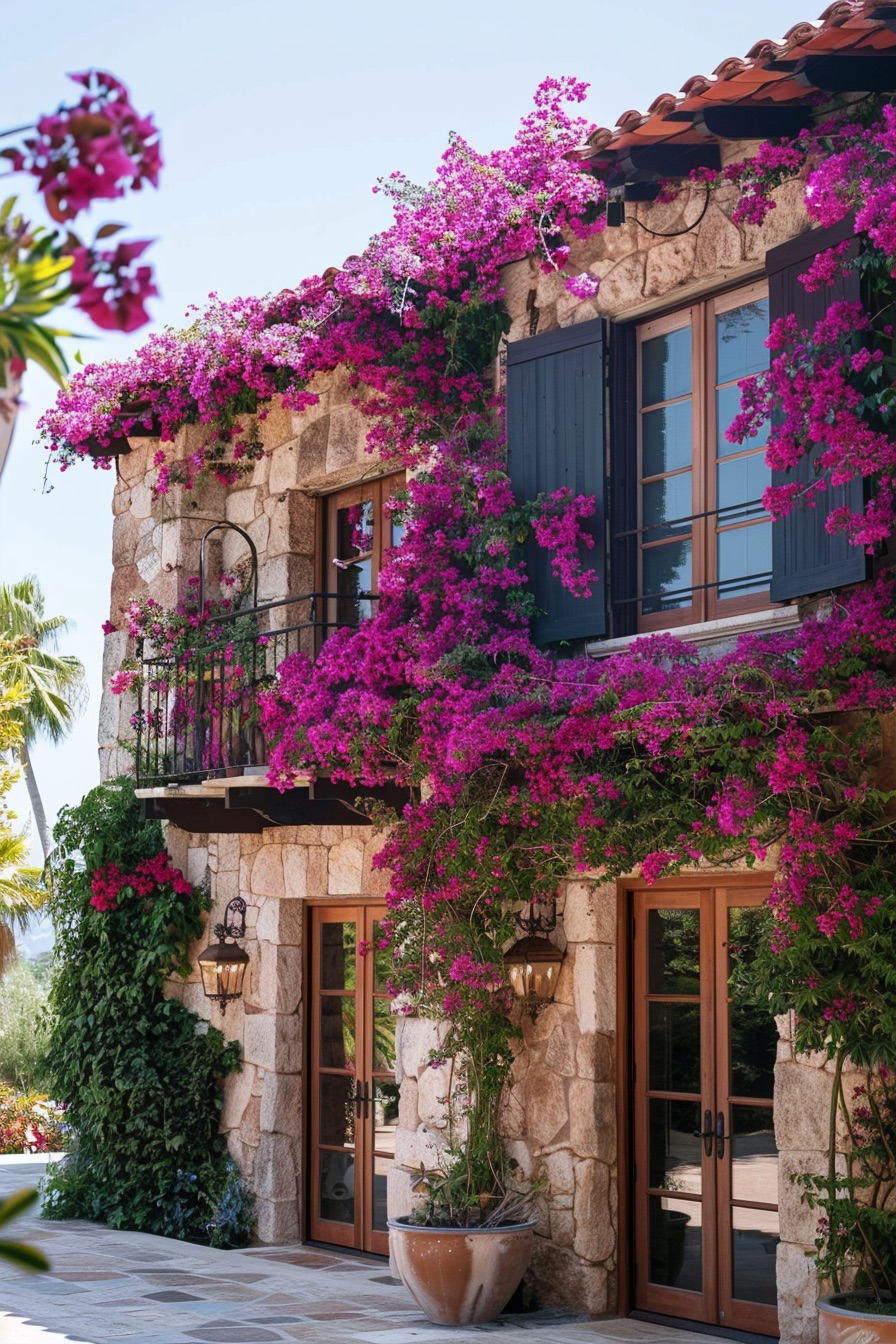 mediterranean house with vines and boudainvillea