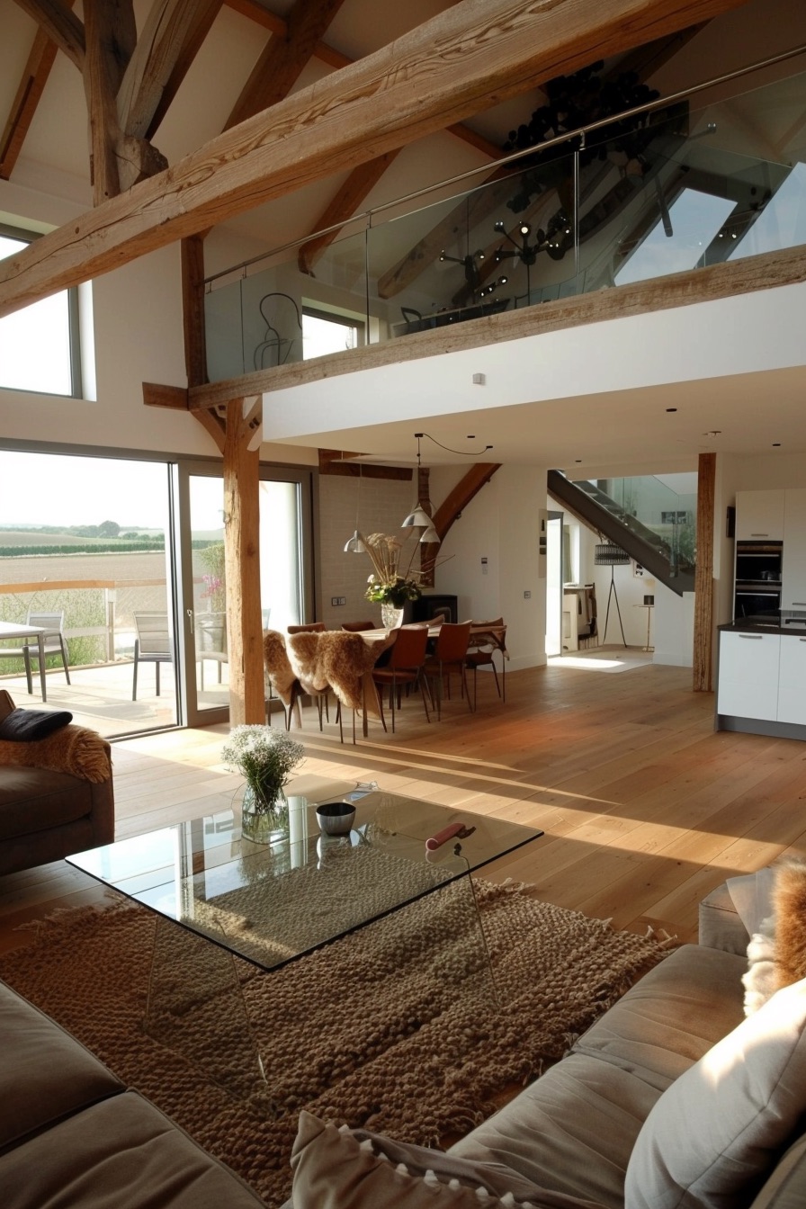 modern barn house interior with exposed wood beams