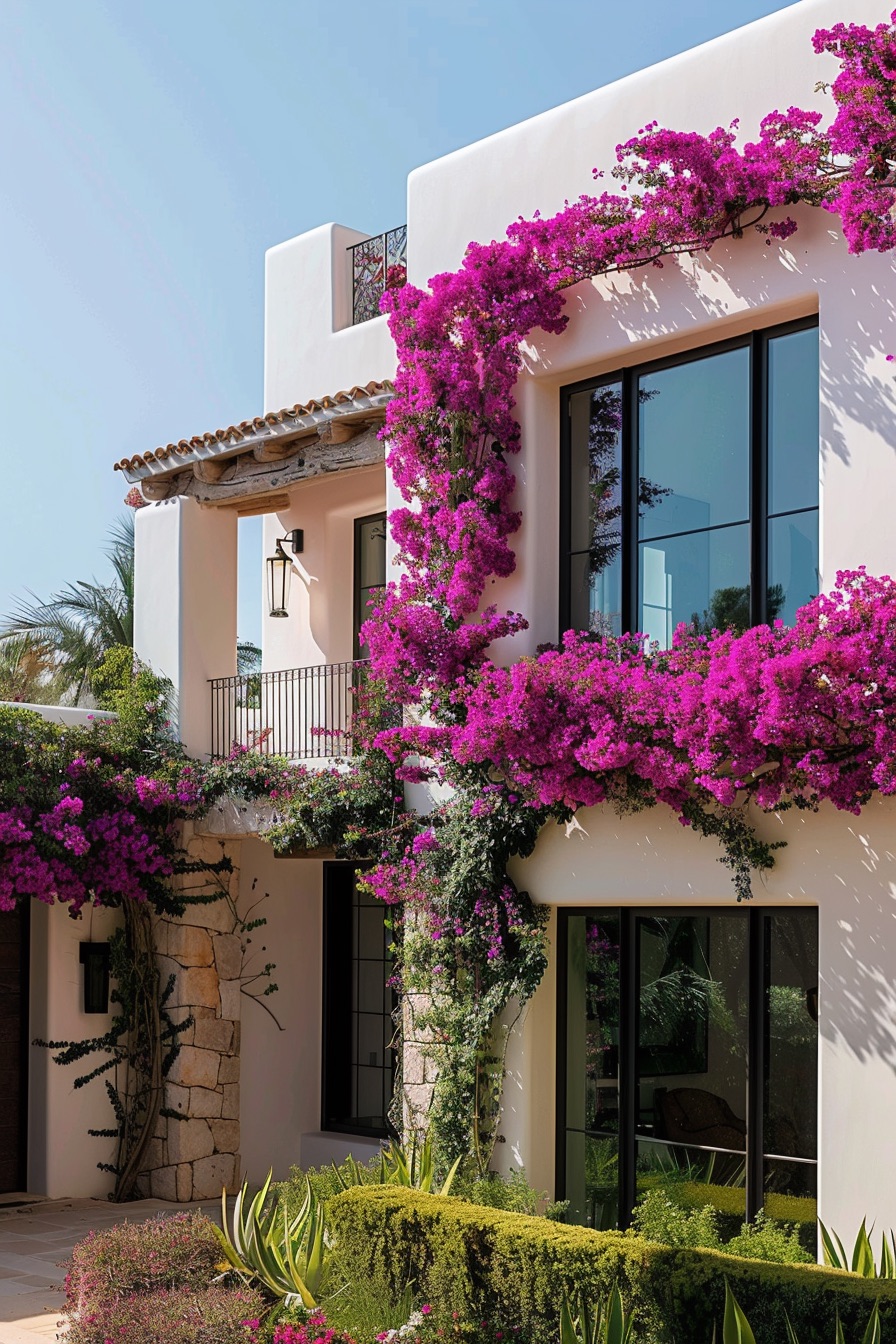 modern mediterranean house windows with boudainvillea vines