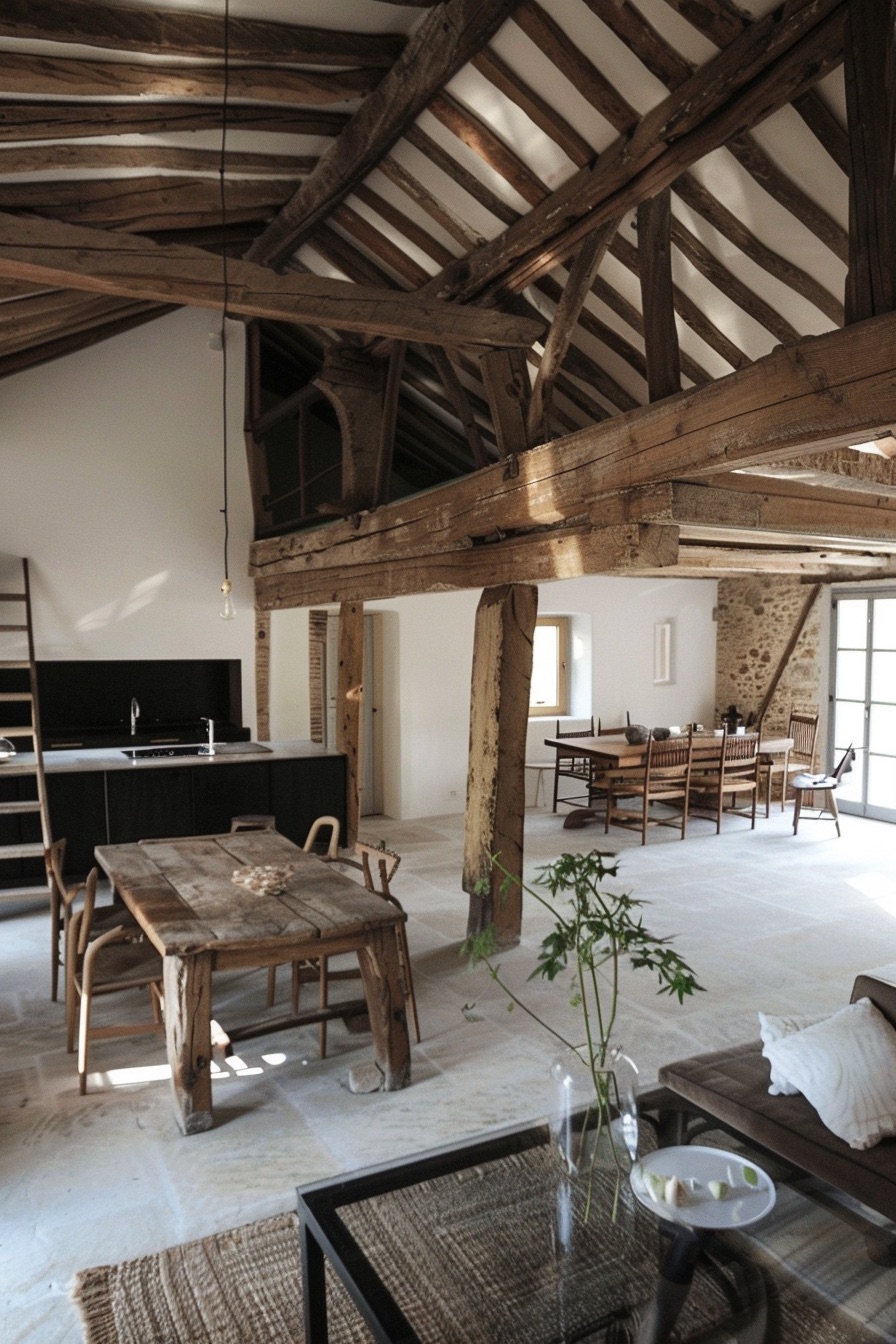 rustic barn house interior with exposed beams