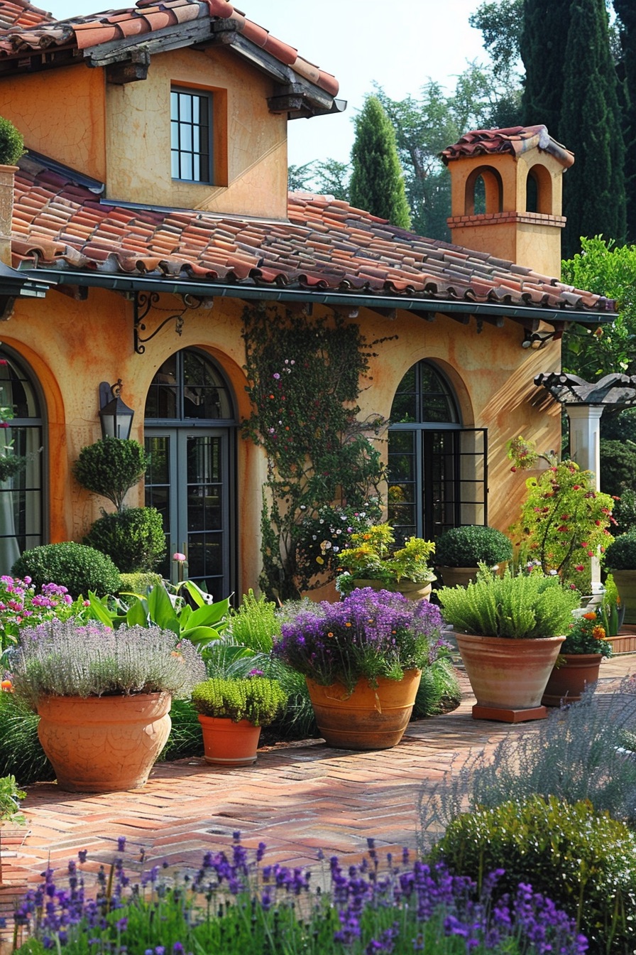 mediterranean house flower garden with clay pots