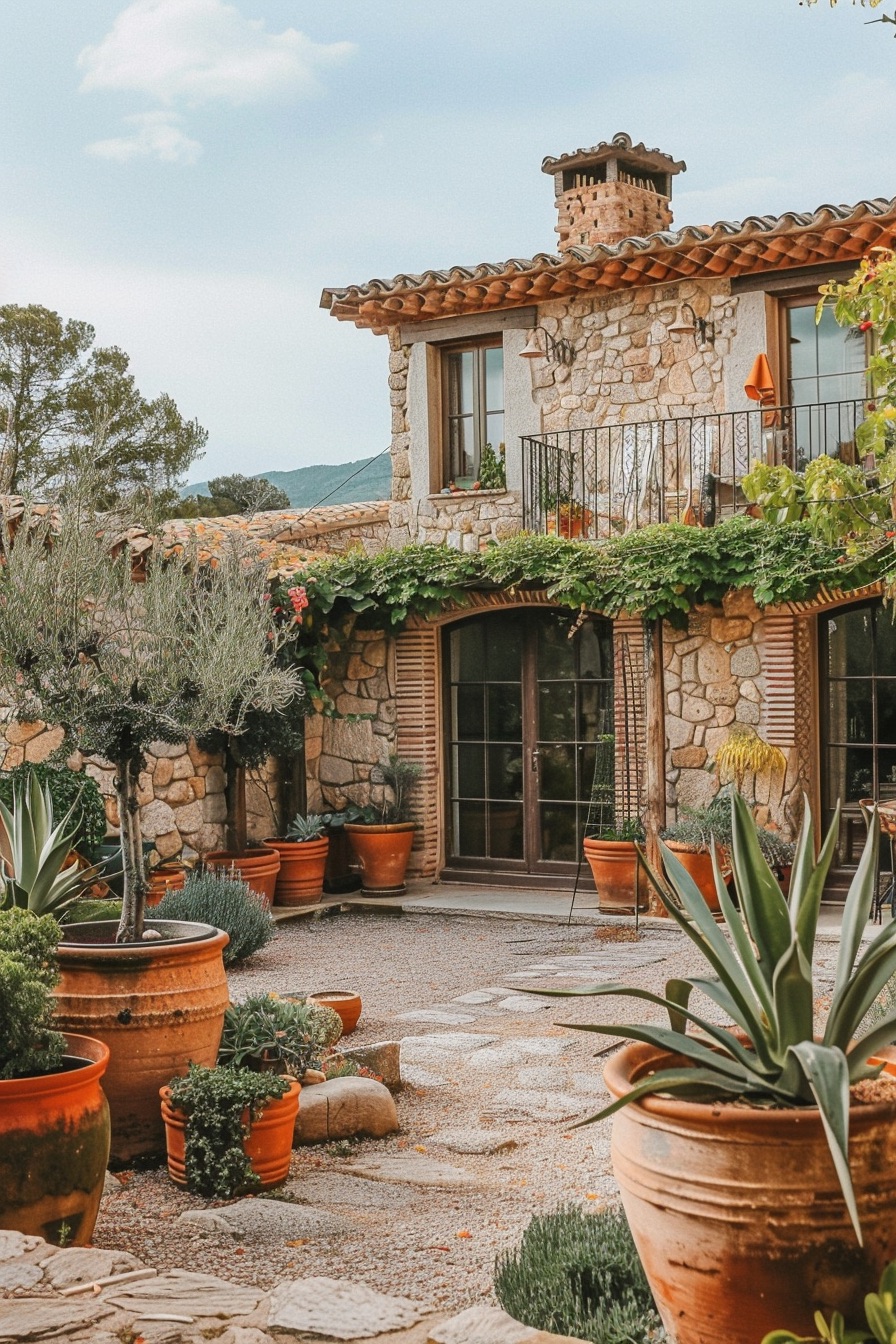 mediterranean house garden clay pots