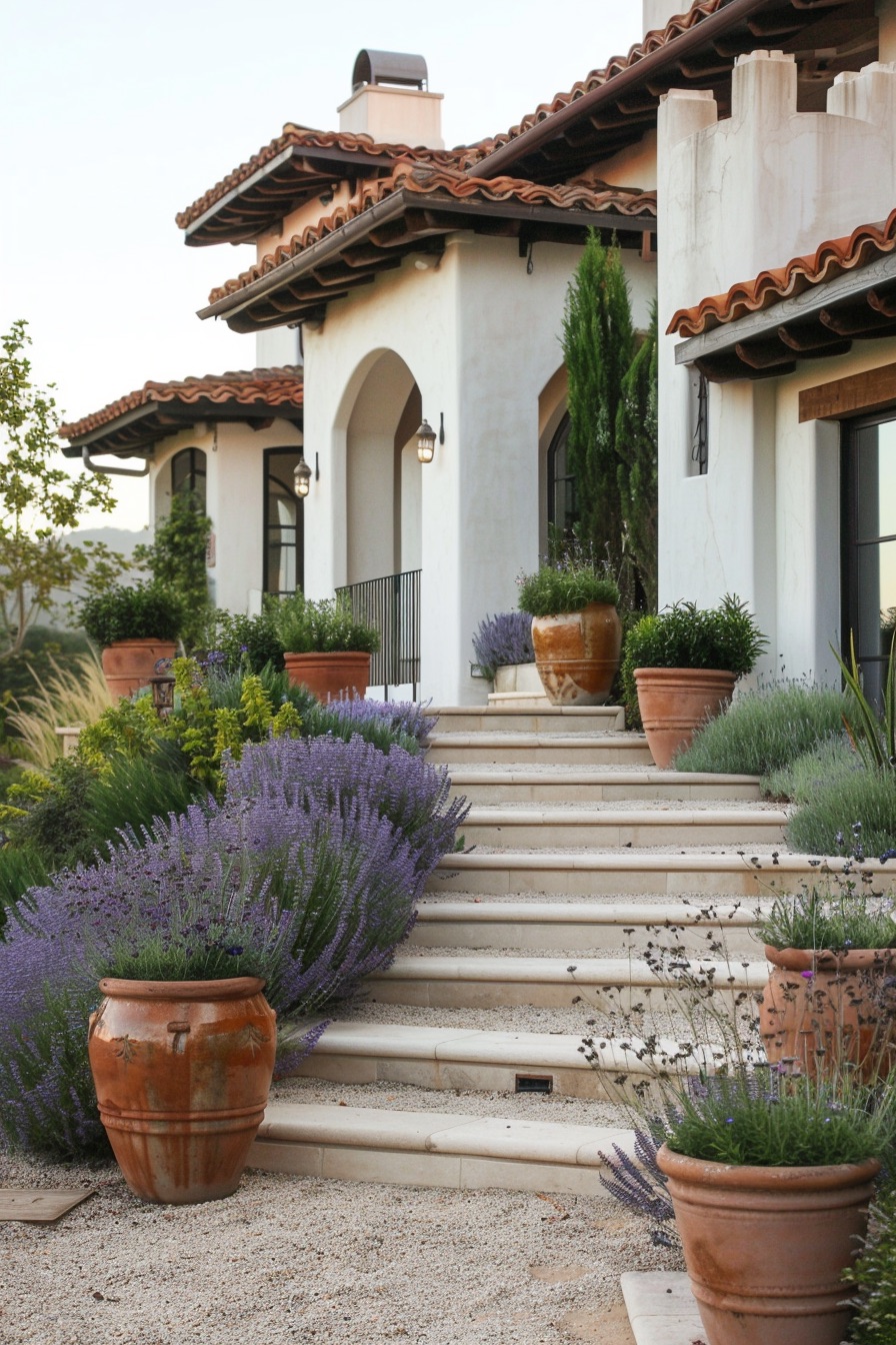 mediterranean house steps with clay pots