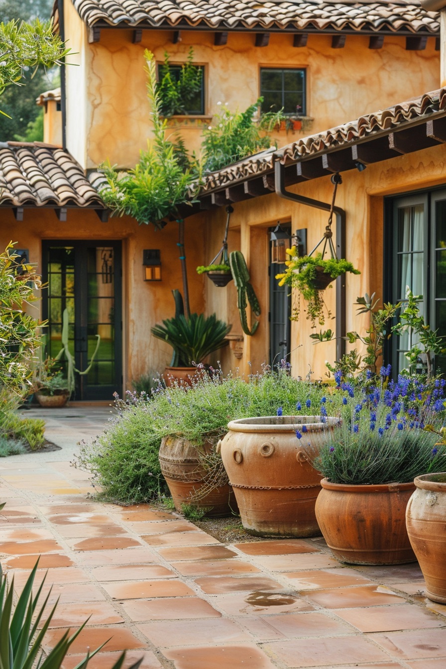 mediterranean house yard large clay pots with flowers