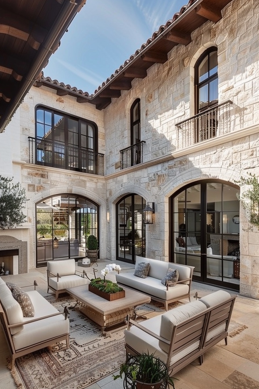 mediterranean house courtyard with outdoor rug