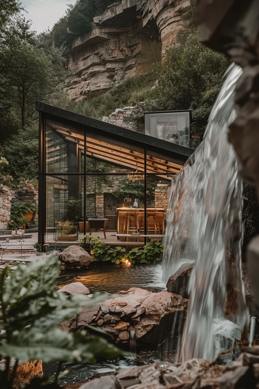 cabin by waterfall