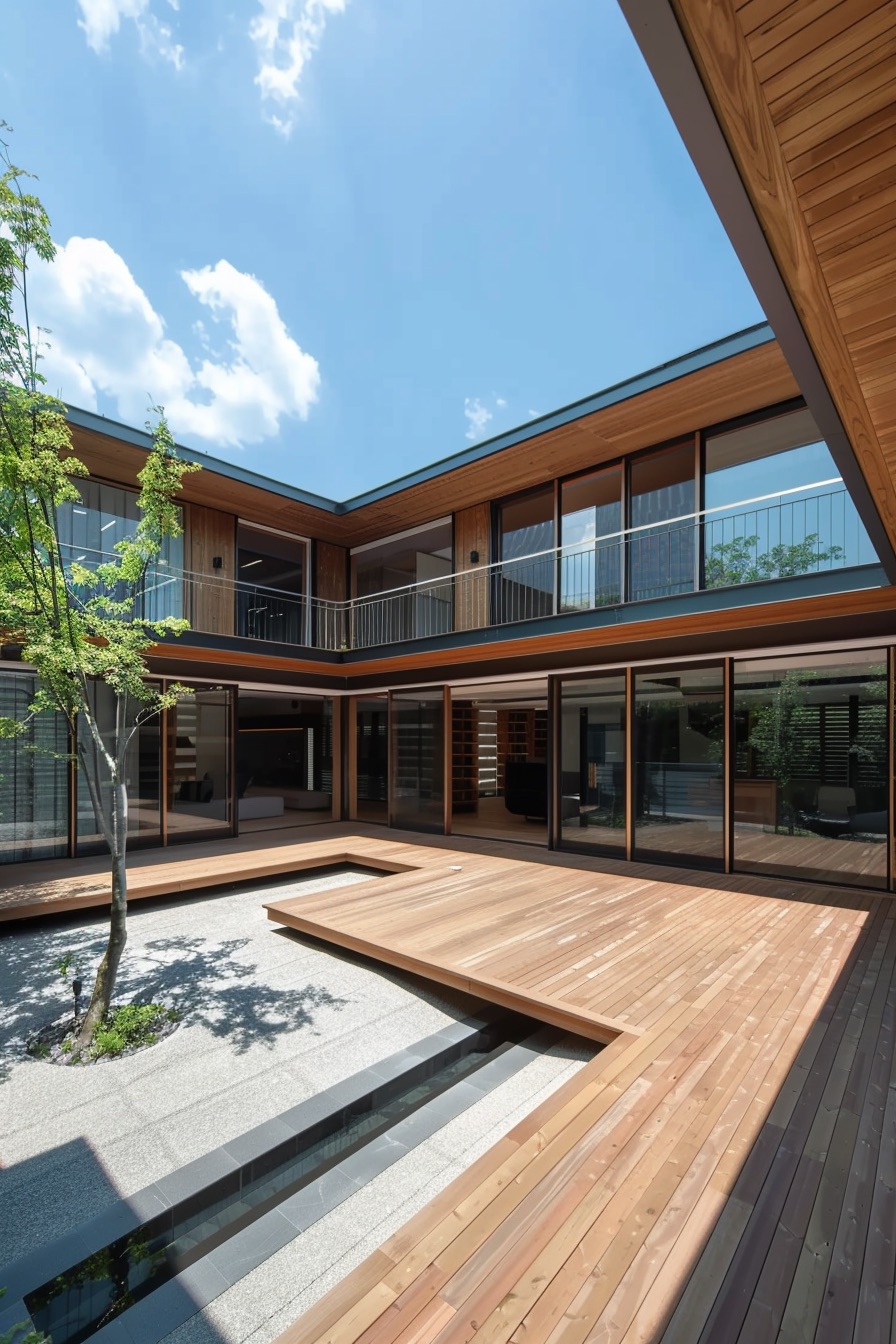 courtyard house wooden deck over concrete pavers