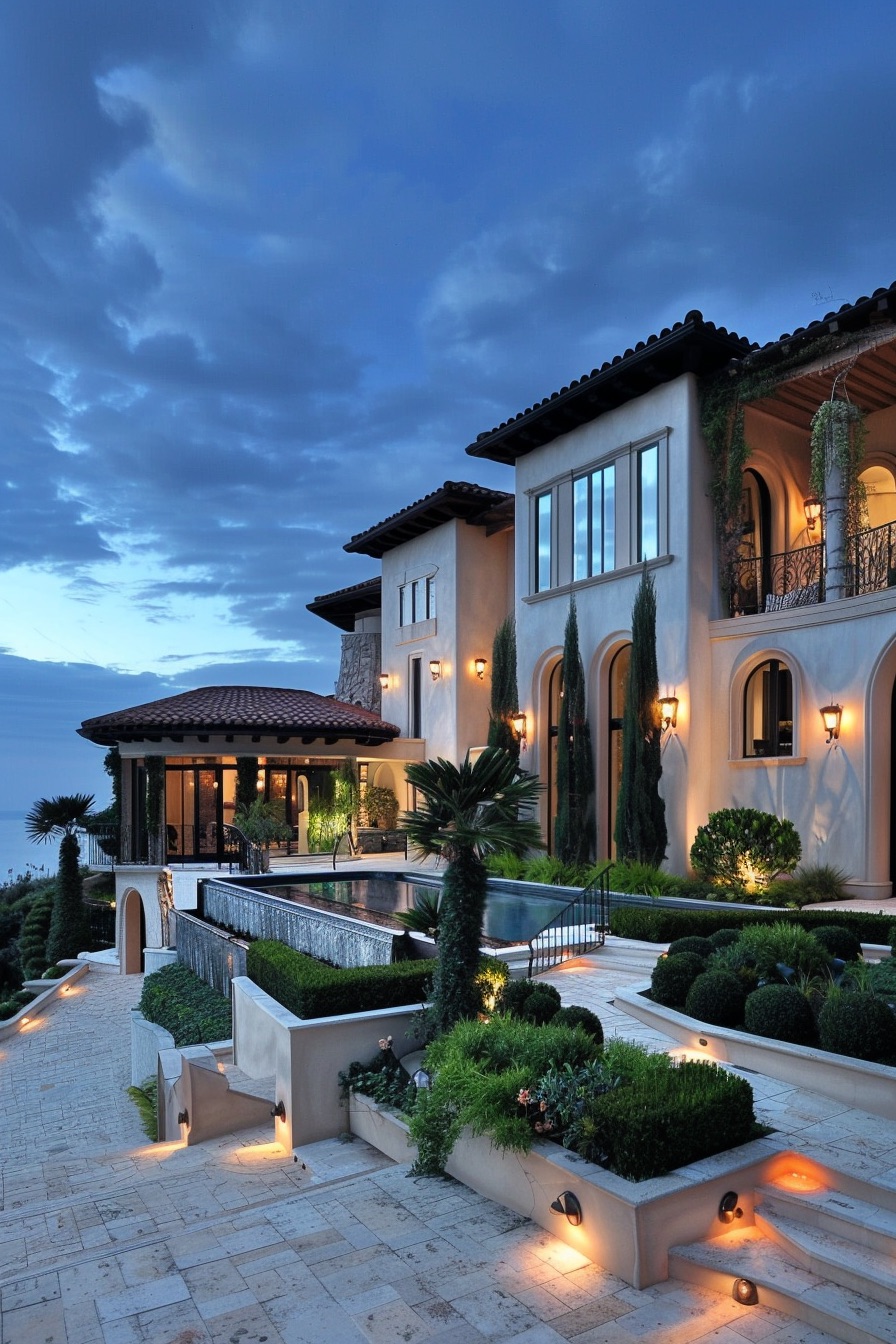 mediterranean house hillside terrace with pool