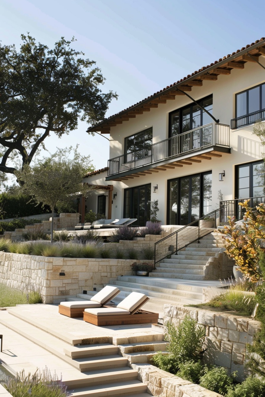 mediterranean house terraces with sunbeds