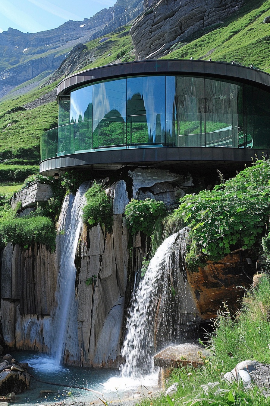 round cabin on waterfall