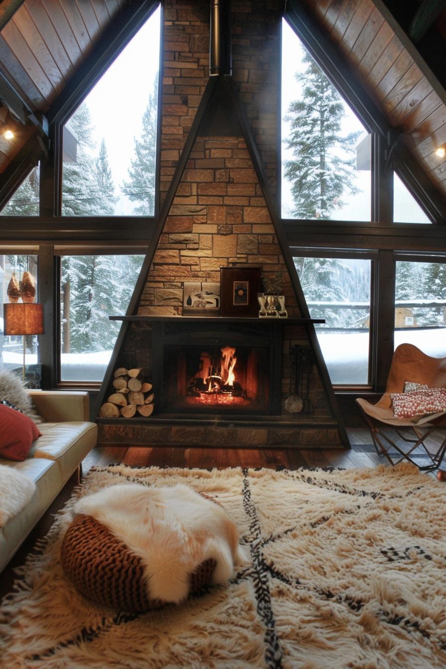 alpine house stone fireplace