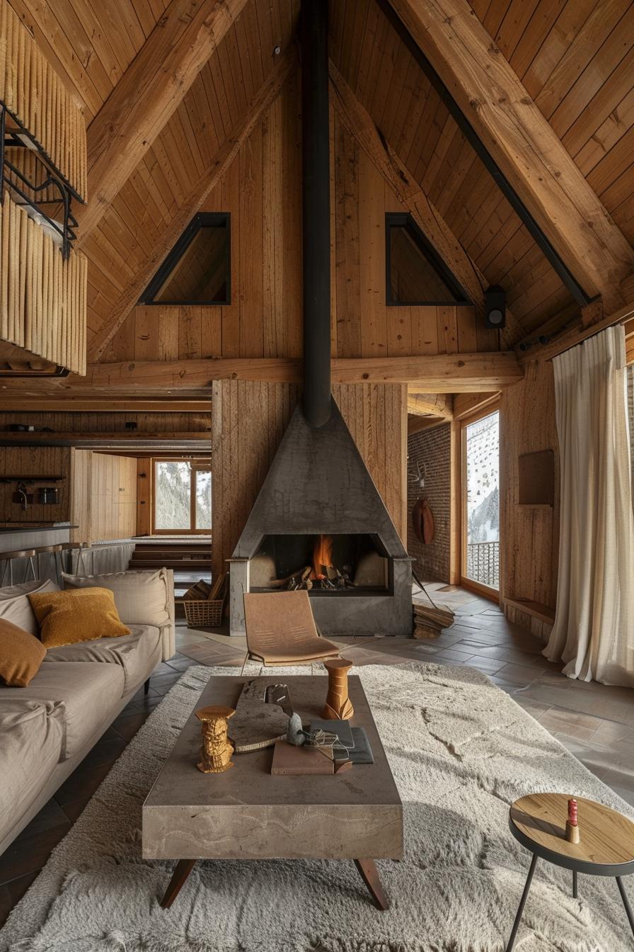 alpine wooden house fireplace