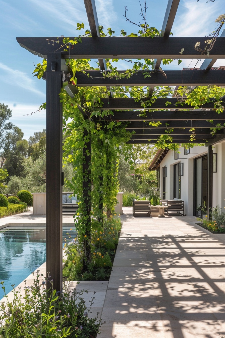 mediterranean house poolside pergola with vines