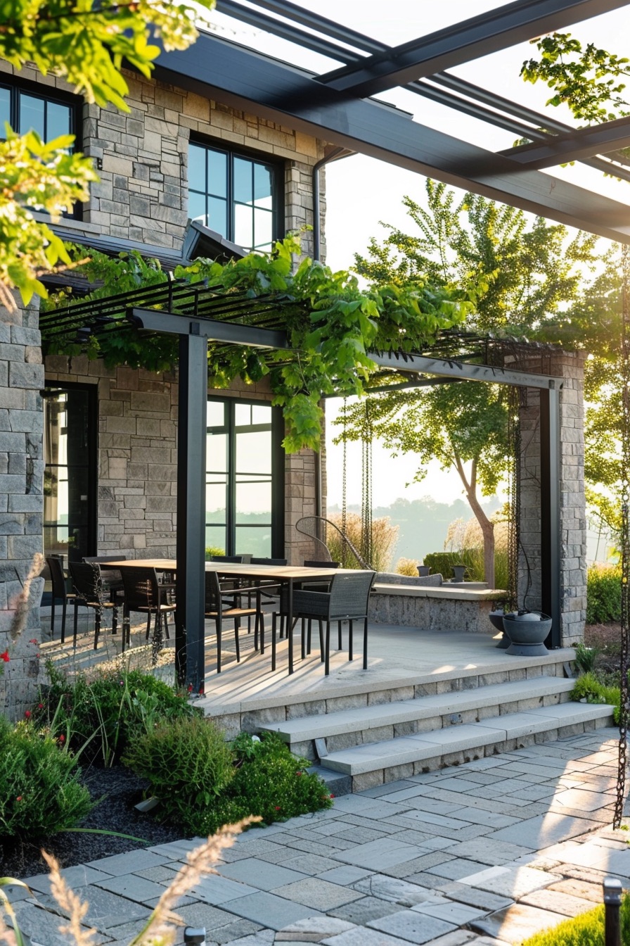 mediterranean house porch pergola with vines