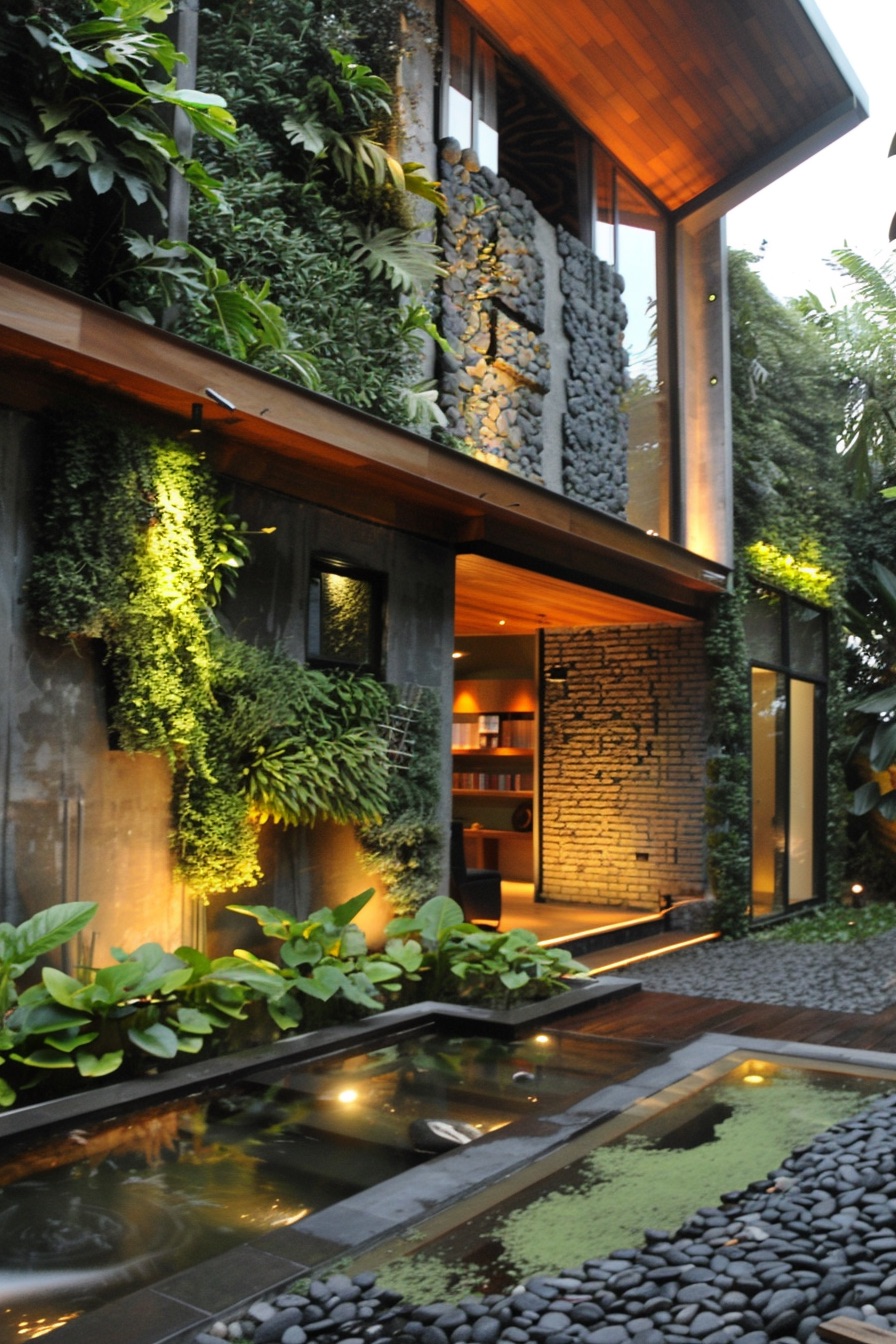 courtyard house vertical gardens pebble path