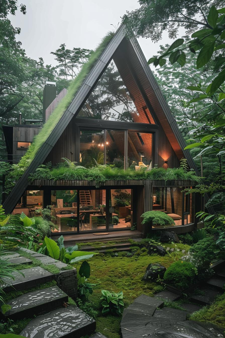 a frame cabin green roof