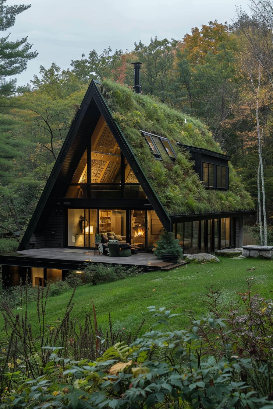 a frame hillside house green roof