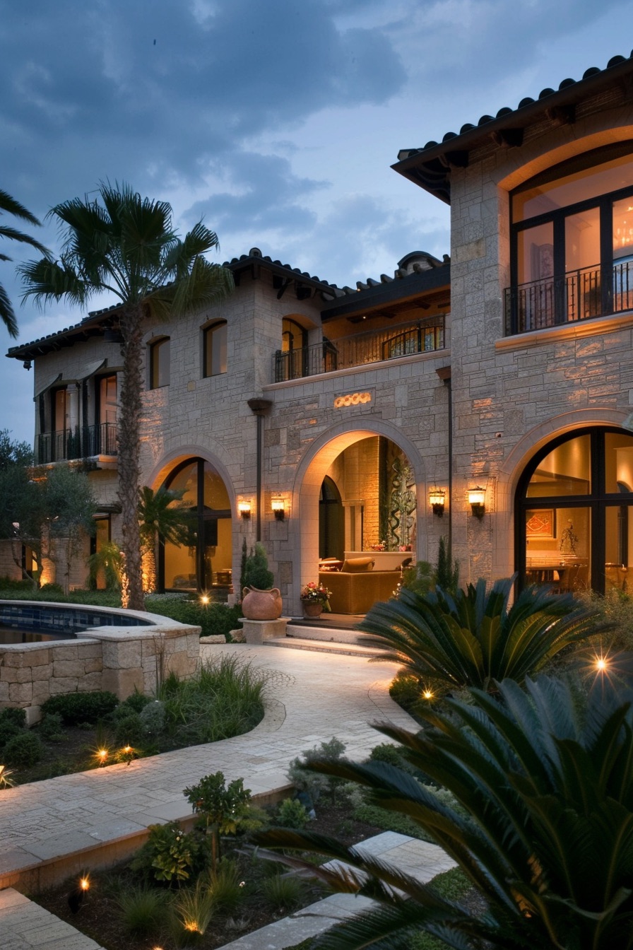 mediterranean house front yard with arched doorways