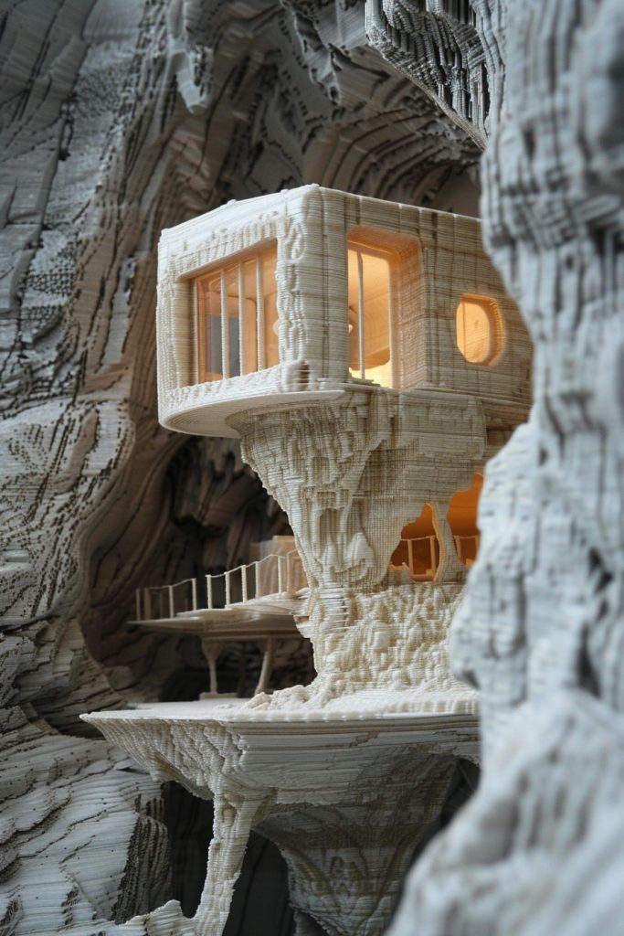 3d-printed cabin in rocky outcrop