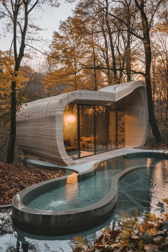 3d-printed cabin with infinity pool