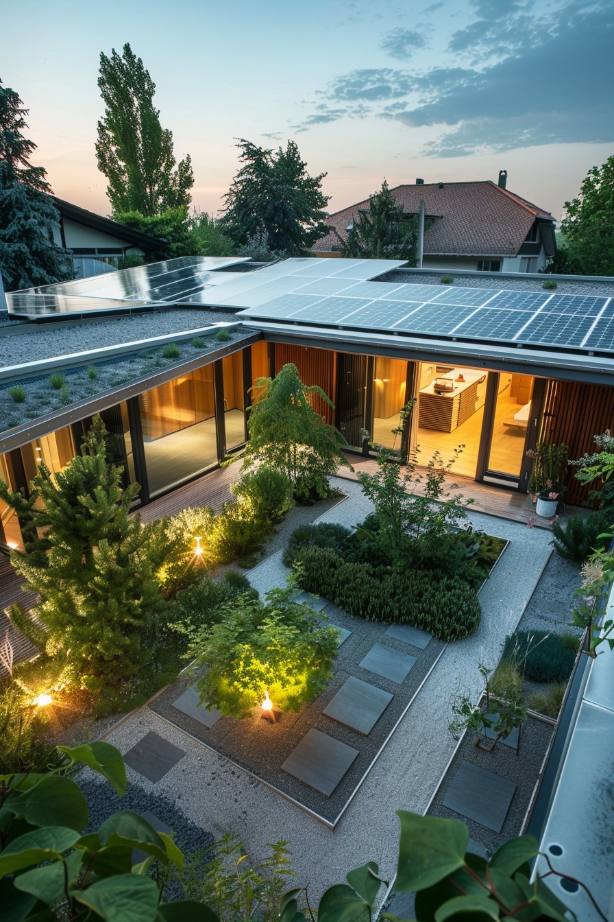 courtyard house with green roof solar panels