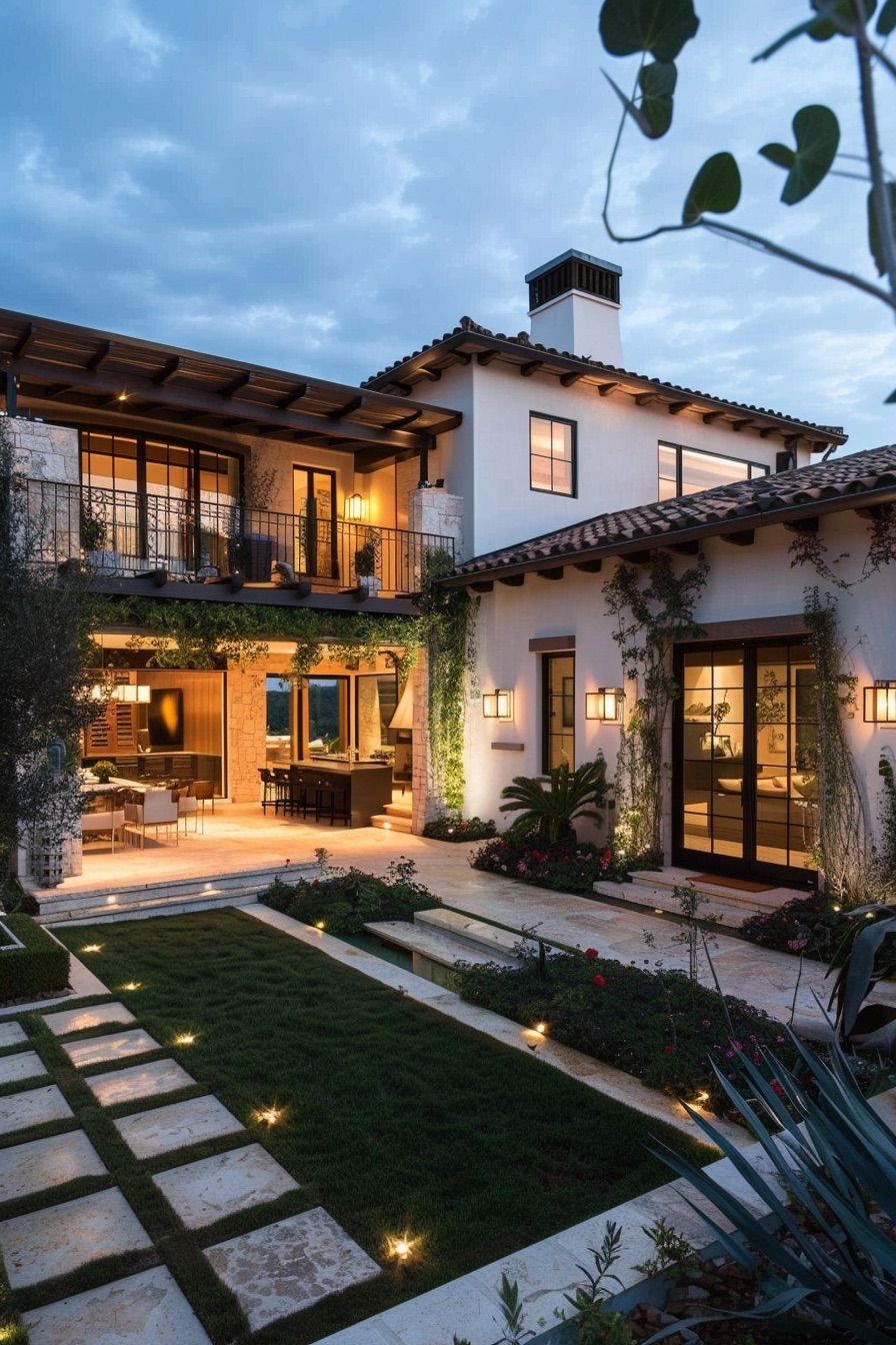 mediterranean house courtyard with grass