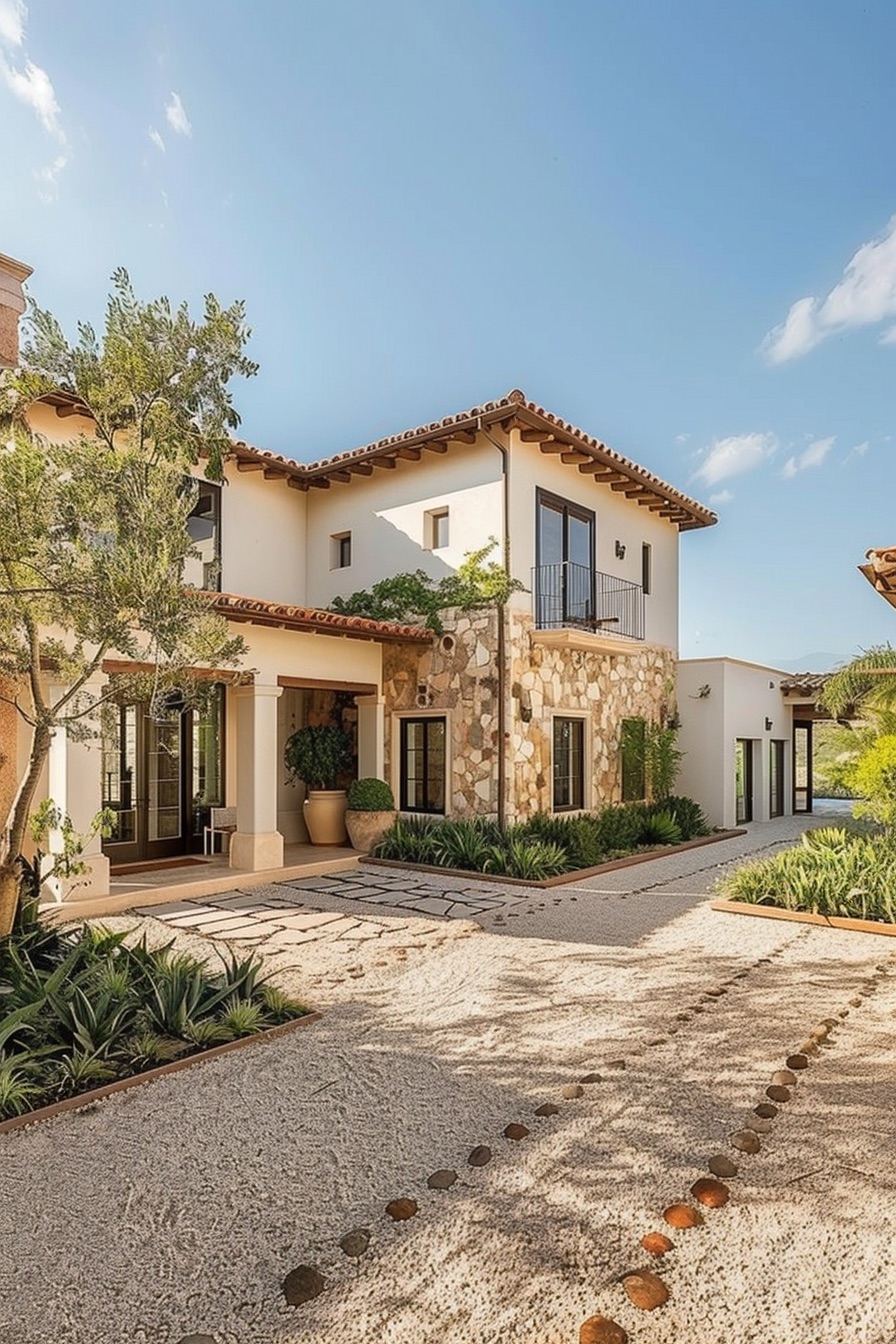 mediterranean house courtyard with gravel