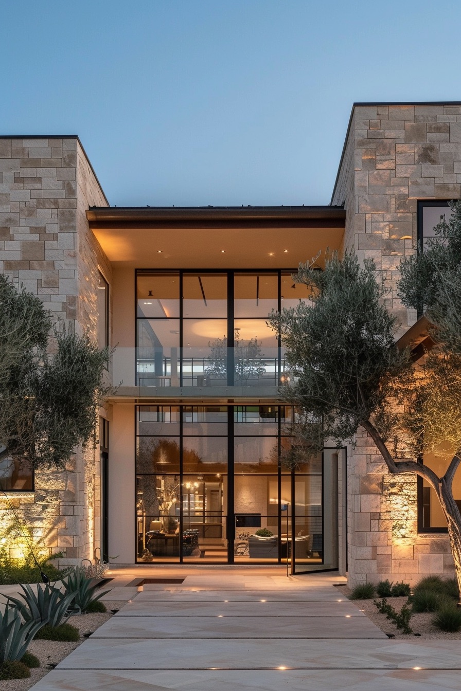 mediterranean house front entrance with olive trees landscape