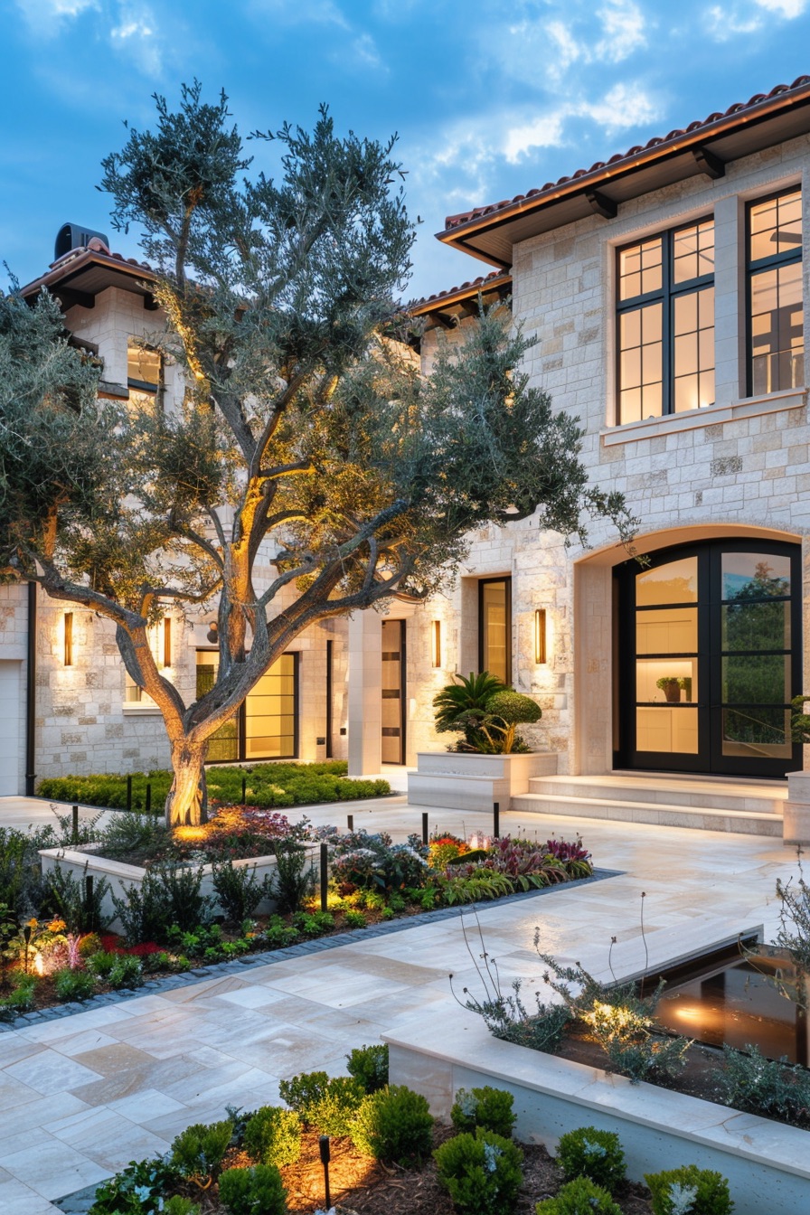 mediterranean house landscape with olive tree hardscape