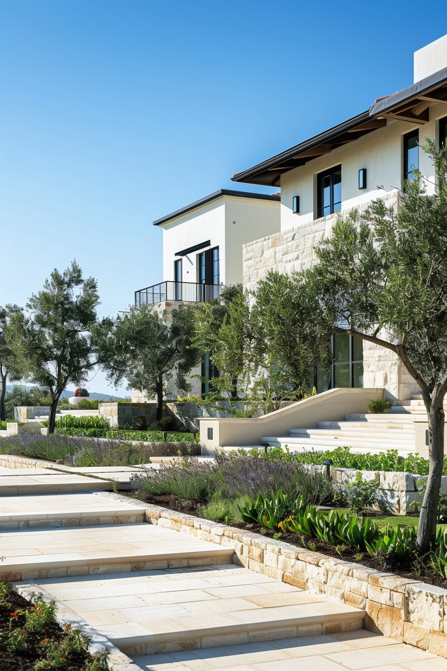 mediterranean house landscape with olive trees and steps