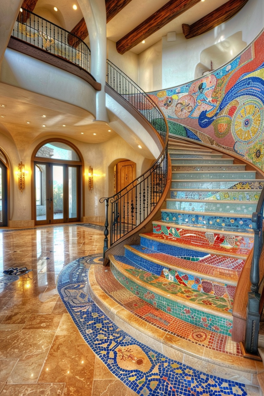 mediterranean mansion mosaic tile stairs